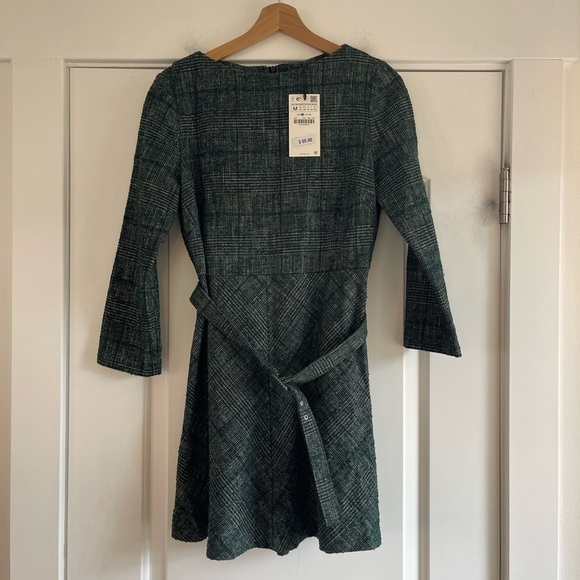 Zara Green Tweed Belted Dress - M - Picture 2 of 6